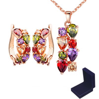 Brass Jewelry Set, earring & necklace, with 2.36inch extender chain, Teardrop, real rose gold plated, oval chain & for woman & with cubic zirconia, nickel, lead & cadmium free, 30mm, 25mm, Length:Approx 15.7 Inch, Sold By Set