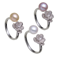 Freshwater Pearl Cuff Finger Ring, with Velvet box & Brass, platinum color plated, micro pave cubic zirconia & for woman, more colors for choice, nickel, lead & cadmium free, 20x26x9.50mm, US Ring Size:7-9, Sold By Box