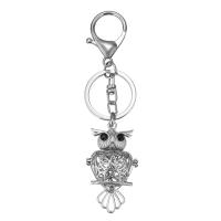Bag Purse Charms Keyrings Keychains, Brass, Owl, silver color plated, It could be opened and beads could be put inside. & with rhinestone & hollow, 35mm, 30x2mm, 28x52x20mm, Inner Diameter:Approx 20x20mm, 5PCs/Lot, Sold By Lot