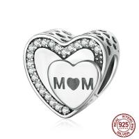 Thailand Sterling Silver European Bead, Heart, word mom, micro pave cubic zirconia & without troll & hollow, 11x11x8mm, Hole:Approx 4.5mm, Sold By PC