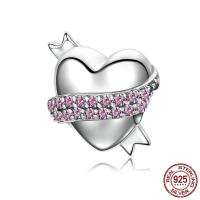 Thailand Sterling Sølv European Bead, Heart, Micro Pave cubic zirconia & uden trold, 12x12mm, Hole:Ca. 4.5mm, Solgt af PC