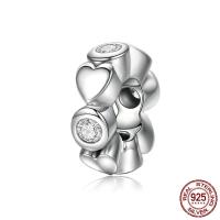 925 Sterling Silver European Beads, Heart, micro pave cubic zirconia & without troll, 10x10x3mm, Hole:Approx 4.5mm, Sold By PC