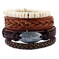 PU Leather Bracelet Set with Linen & Wood & Zinc Alloy antique silver color plated adjustable & for man nickel lead & cadmium free Length Approx 6.6 Inch Sold By Set