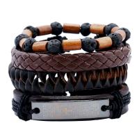 PU Leather Bracelet Set with Linen & Lava & Wood & Zinc Alloy plumbum black color plated adjustable & with letter pattern & for man nickel lead & cadmium free Length Approx 6.6 Inch Sold By Set