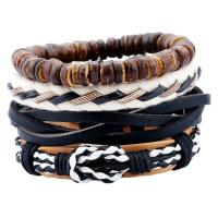 PU Leather Bracelet Set, with Linen & Wood & Tibetan Style, antique bronze color plated, adjustable & for man, nickel, lead & cadmium free, Length:Approx 6.6 Inch, 4Strands/Set, Sold By Set