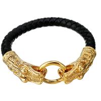 Men Bracelet Cowhide with Stainless Steel Dragon gold color plated braided bracelet & for man black 8mm Sold Per Approx 9 Inch Strand
