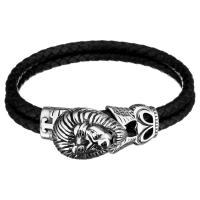 Men Bracelet, Cowhide, with Stainless Steel, Lion, braided bracelet & for man & 2-strand & blacken, black, 31.5x18mm, 19x18mm, 5mm, Sold Per Approx 9 Inch Strand
