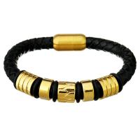 Men Bracelet Cowhide with Stainless Steel gold color plated braided bracelet & for man black  8mm Sold Per Approx 8.5 Inch Strand
