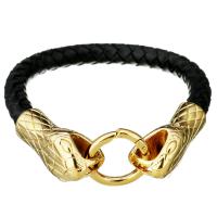 Bracelet homme, cuir de peau de vache, avec acier inoxydable, serpent, Placage de couleur d'or, bracelet tressé & pour homme, noire, 32x15mm, 8mm, Vendu par Environ 8.5 pouce brin