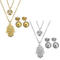 Rhinestone Stainless Steel Jewelry Set, earring & necklace, with 1.5Inch extender chain, Hamsa, plated, oval chain & for woman & with rhinestone & 2-strand, more colors for choice, 12.5x19mm, 1.5mm, 8mm, Length:Approx 16 Inch, 5Sets/Lot, Sold By Lot