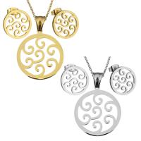 Fashion Stainless Steel Jewelry Sets, earring & necklace, with 2Inch extender chain, Flat Round, plated, oval chain & for woman & hollow, more colors for choice, 30x34mm, 1.5mm, 16mm, Length:Approx 17 Inch, 5Sets/Lot, Sold By Lot
