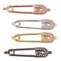 Cubic Zirconia Micro Pave Brass Connector, Safety Pin, plated, micro pave cubic zirconia & 1/1 loop, more colors for choice, 32x7x2mm, Hole:Approx 0.7mm, 10PCs/Lot, Sold By Lot