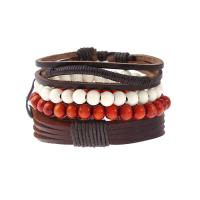 Cowhide Bracelet Set, bracelet, with Linen & Wood, adjustable & for man, Length:Approx 6.7-11.8 Inch, 4Strands/Set, Sold By Set