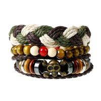 Cowhide Bracelet Set, bracelet, with Linen & Wood & Tibetan Style, plated, braided bracelet & adjustable & for man, Length:Approx 6.7-11.8 Inch, 3Strands/Set, Sold By Set