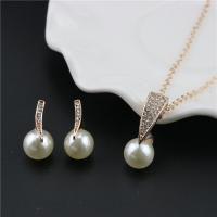 Zinc Alloy Jewelry Set earring & necklace with ABS Plastic Pearl with 5mm extender chain Round gold color plated for woman & with rhinestone beige 420mm Length Approx 17 Inch Sold By Set