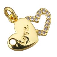 Cubic Zirconia Micro Pave Brass Pendant, Heart, word love, real gold plated, micro pave cubic zirconia, 17x13x2mm, Hole:Approx 3mm, 20PCs/Lot, Sold By Lot