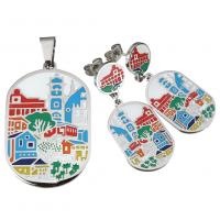 Enamel Stainless Steel Jewelry Set pendant & earring for woman original color 38mm Approx Sold By Lot