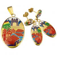 Enamel Stainless Steel Jewelry Set pendant & earring Flat Oval gold color plated for woman 39mm Approx Sold By Lot
