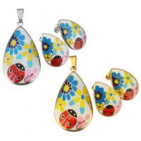 Enamel Stainless Steel Jewelry Set, pendant & earring, Teardrop, plated, for woman, more colors for choice, 25x46mm, 17x25mm, Hole:Approx 5x8mm, 5Sets/Lot, Sold By Lot