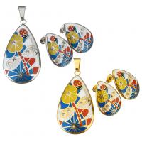 Enamel Stainless Steel Jewelry Set, pendant & earring, Teardrop, plated, for woman & with rhinestone, more colors for choice, 25x46mm, 17x25mm, Hole:Approx 5x8mm, 5Sets/Lot, Sold By Lot