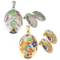 Enamel Stainless Steel Jewelry Set pendant & earring Flat Oval plated for woman Approx Sold By Lot