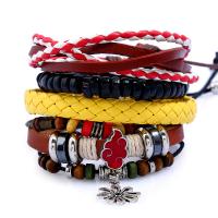 PU Leather Bracelet Set, with Linen & Non Magnetic Hematite & Wood & Tibetan Style, plated, charm bracelet & Unisex & adjustable & enamel, nickel, lead & cadmium free, Length:Approx 6.8 Inch, 4Strands/Set, Sold By Set