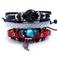 PU Leather Bracelet Set with Linen & Wood & Copper Coated Plastic & Zinc Alloy plated charm bracelet & Unisex & adjustable nickel lead & cadmium free Length Approx 6.8 Inch Sold By Set