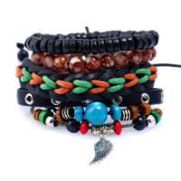PU Leather Bracelet Set, with Linen & Wood & Copper Coated Plastic & Tibetan Style, plated, braided bracelet & Unisex & adjustable, nickel, lead & cadmium free, Length:Approx 6.8 Inch, 4Strands/Set, Sold By Set