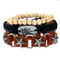 PU Leather Bracelet Set, with Linen & Wood & Tibetan Style, plated, Unisex & adjustable, nickel, lead & cadmium free, Length:Approx 6.8 Inch, 3Strands/Set, Sold By Set