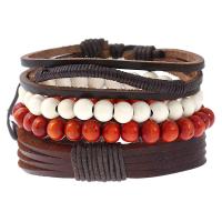 PU Leather Bracelet Set, with Linen & Wood, Unisex & adjustable, nickel, lead & cadmium free, Length:Approx 6.8 Inch, 4Strands/Set, Sold By Set