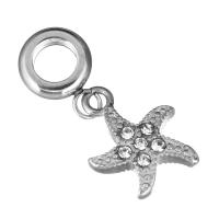 Stainless Steel European Pendants, Starfish, without troll & with rhinestone, original color, 3x12x9mm, 12x16x3mm, Hole:Approx 5mm, 10PCs/Lot, Sold By Lot