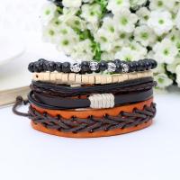 Cowhide Bracelet Set with Cotton Fabric & Wood Unisex & adjustable & multi-strand Length Approx 7-8.5 Inch Sold By Set