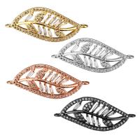 Brass Jewelry Connector, Leaf, plated, micro pave cubic zirconia & 1/1 loop & hollow, more colors for choice, 30.50x12x2.50mm, Hole:Approx 1mm, 10PCs/Lot, Sold By Lot