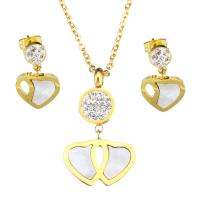 earring & necklace, Stainless Steel, with Rhinestone Clay Pave & White Shell, Heart, gold color plated, oval chain & for woman, 19x33.5mm, 1.5mm, 12x22mm, Length:Approx 18 Inch, Sold By Set