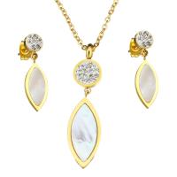 earring & necklace, Stainless Steel, with Rhinestone Clay Pave & White Shell, Horse Eye, gold color plated, oval chain & for woman, 11x45mm, 2mm, 7x25mm, Length:Approx 18 Inch, Sold By Set