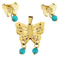 Fashion Stainless Steel Jewelry Sets, earring & necklace, with Plastic, Butterfly, gold color plated, for woman & with rhinestone & hollow, 32x36mm, 16x25mm, Hole:Approx 4x8mm, Sold By Set