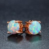 Brass Stud Earring, with White Opal, rose gold color plated, for woman, nickel, lead & cadmium free, 6x17mm, Sold By Pair