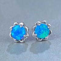 Brass Stud Earring, with Blue Opal, platinum color plated, for woman, nickel, lead & cadmium free, 8x17mm, Sold By Pair