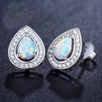 Brass Stud Earring, with White Opal, Teardrop, platinum color plated, for woman & with cubic zirconia, nickel, lead & cadmium free, 10.5x16mm, Sold By Pair