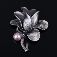 Plastic Pearl Brooch, Tibetan Style, with ABS Plastic Pearl, Flower, antique silver color plated, for woman, lead & cadmium free, 65x80mm, Sold By PC