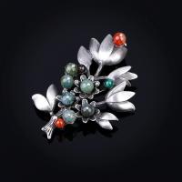 Tibetan Style Brooches, with Gemstone, Flower, antique silver color plated, for woman, lead & cadmium free, 70x42mm, Sold By PC