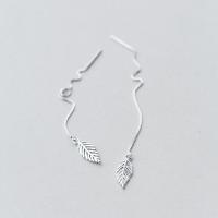 925 Sterling Silver Thread Through Earrings, Leaf, for woman, 6x155mm, Sold By Pair