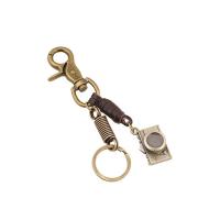 Schlüsselanhänger, Zinklegierung, mit Leder, Kamera, antike Bronzefarbe plattiert, frei von Blei & Kadmium, 140x30mm,30x18mm, verkauft von PC