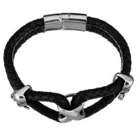 Men Bracelet, Stainless Steel, with cowhide cord, Skull, braided bracelet & for man & 2-strand & blacken, 16.5x15.5mm, 29x14mm, 5.5mm, Sold Per Approx 9 Inch Strand