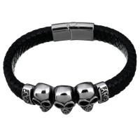 Men Bracelet, Stainless Steel, with cowhide cord, Skull, braided bracelet & for man & blacken, 50x18mm, 29x14mm, 12mm, Sold Per Approx 9 Inch Strand