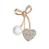 Plastic perle broche, Zinc Alloy, med ABS plastik perle, Cherry, guldfarve belagt, for kvinde & med rhinestone, bly & cadmium fri, 21x33mm, Solgt af PC