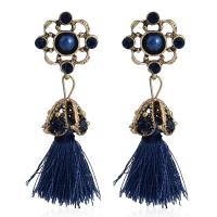 Fashion Fringe Earrings, Nylon Cord, with ABS Plastic Pearl & Tibetan Style, stainless steel post pin, antique gold color plated, for woman, blue, 50mm, Sold By Pair