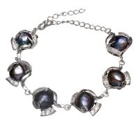 Bracelet en perles de culture d'eau douce, perle d'eau douce cultivée, avec laiton, Placage de couleur platine, pour femme, noire, 25x17x9mm, Vendu par Environ 9 pouce brin