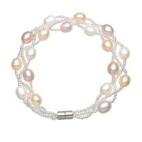 Bracelet en perles de culture d'eau douce, perle d'eau douce cultivée, avec perles de rocaille en verre, riz, Placage de couleur platine, pour femme, couleurs mélangées, 7-8mm, Vendu par Environ 7.5 pouce brin