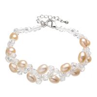Bracelet en perles de culture d'eau douce, perle d'eau douce cultivée, avec cristal, riz, Placage de couleur platine, pour femme & facettes, rose, 5-6mm, Vendu par Environ 7.5 pouce brin